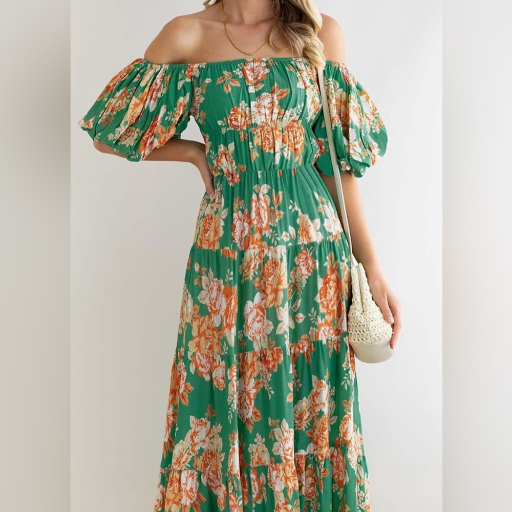 Zesica Floral Print Boho Puff Sleeve Midi Dress Womens Size Small